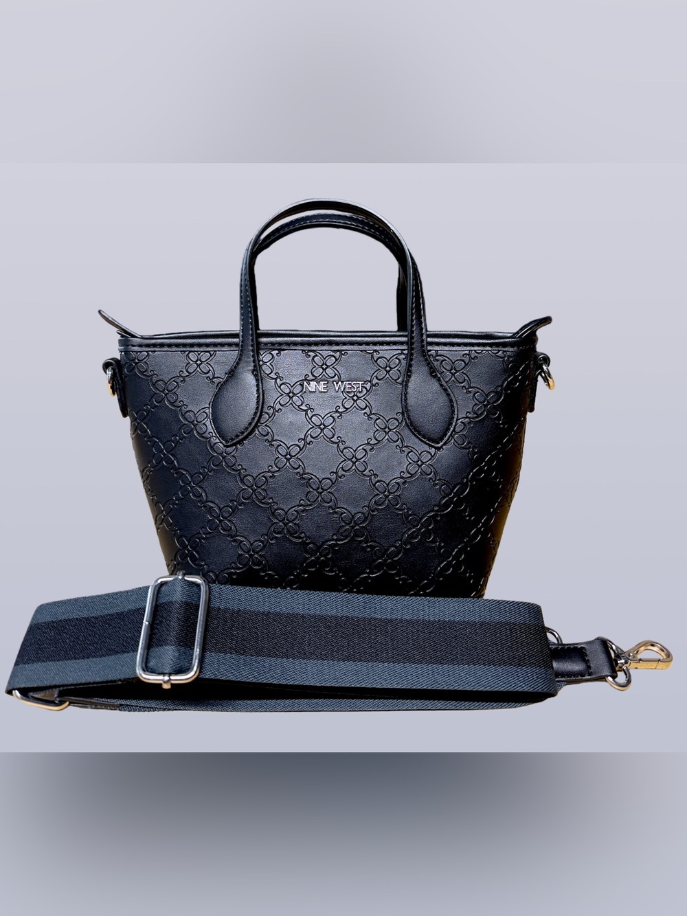 Nine West Black Embossed Mini Tote with Adjustable Strap 10”x6”